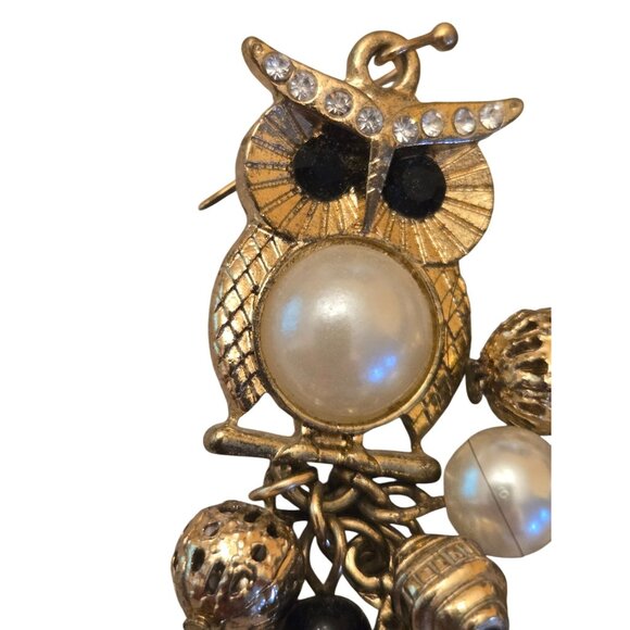 Owl Dangle Earrings Gold Tone Crystals Charms Faux Pearls - Picture 3 of 5